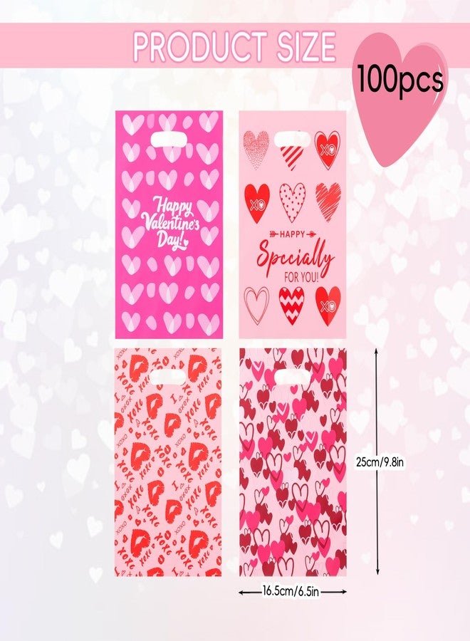 Jocomoni 100Pcs Valentine's Day Gift Bag Plastic Treat Bag with Handle Valentines Candy Bags Heart Goodie Bags for Valentine's Day Party Favor Supplies Classroom Gift Exchange - Image 3